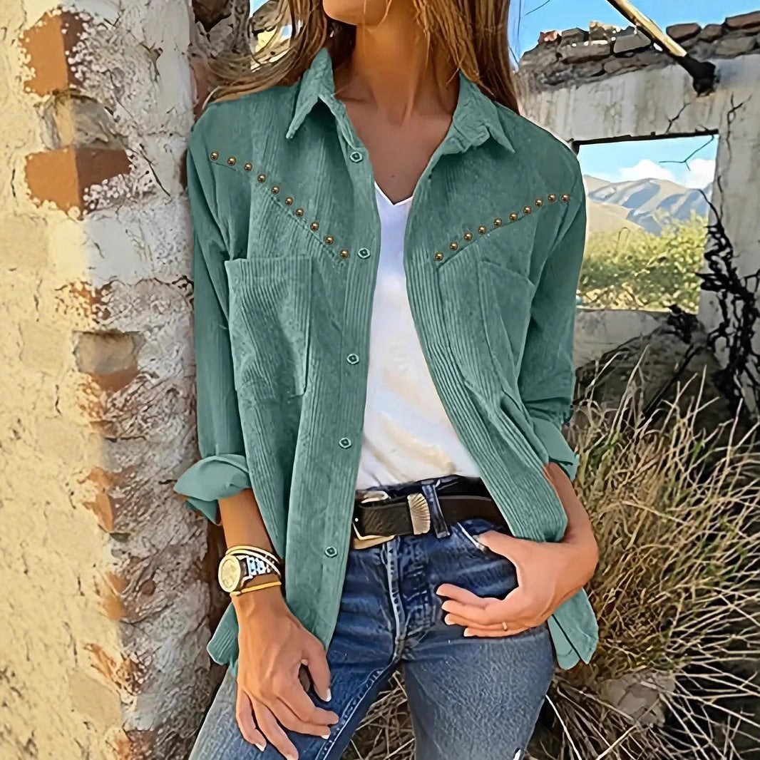 Damen Cordbluse mit eleganten Druckknöpfen und praktischen Taschen R&B