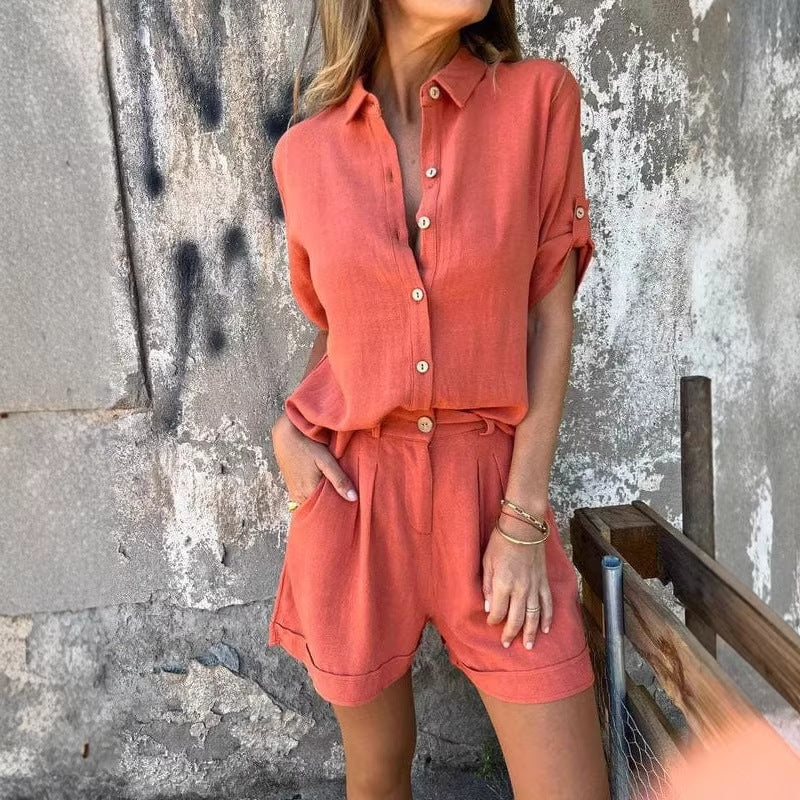 Damen Kurzoverall mit elegantem Hemdkragen und Taillengürtel R&B