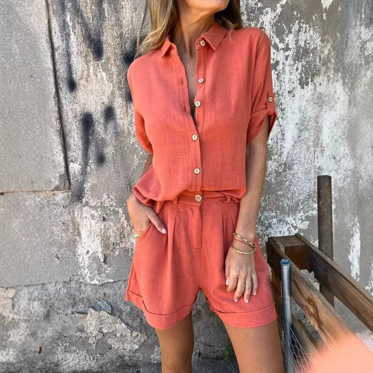 Damen Kurzoverall mit elegantem Hemdkragen und Taillengürtel R&B