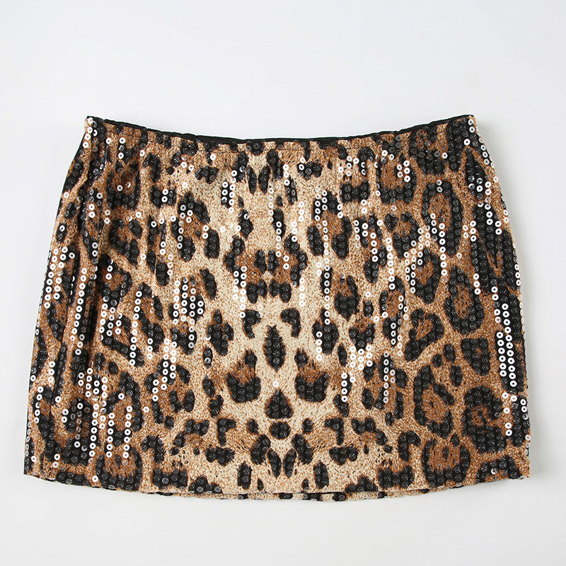 Damen Pailletten-Minikleid mit Leopardenmuster und verstellbaren Spaghettiträgern R&B