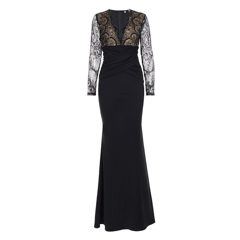 Damen elegantes Abendkleid mit Spitzeneinsätzen und raffiniertem Wickeldesign R&B