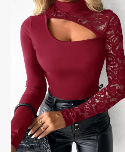 Damen Elegantes Oberteil mit transparenten Spitzenärmeln und asymmetrischem Ausschnitt R&B