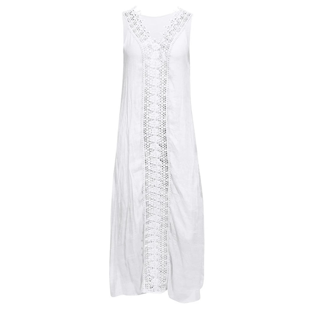 Damen Maxi-Strandkleid mit elegantem Spitzenbesatz und seitlichen Schlitzen R&B