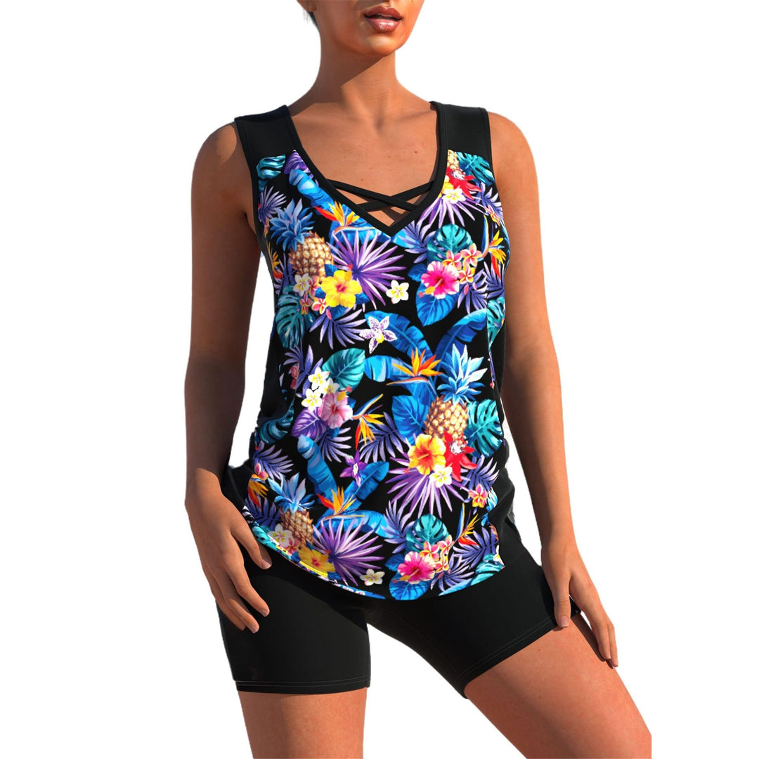 Damen nan sportlicher Tankini-Zweiteiler mit V-Ausschnitt und überkreuzten Brustträgern R&B