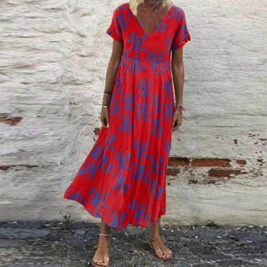 Damen nan V-Ausschnitt-Maxikleid mit feinem Faltenrock, Empire-Passe und Kurzarm R&B