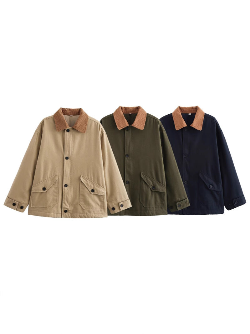 Damen lässige Übergangsjacke mit cordartigem Kragen und praktischen Taschen R&B