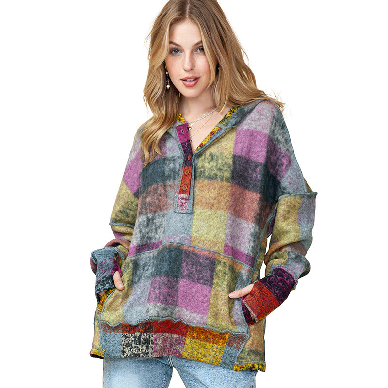 Damen lässiger Block-Check Pullover mit Kapuze und praktischen Taschen