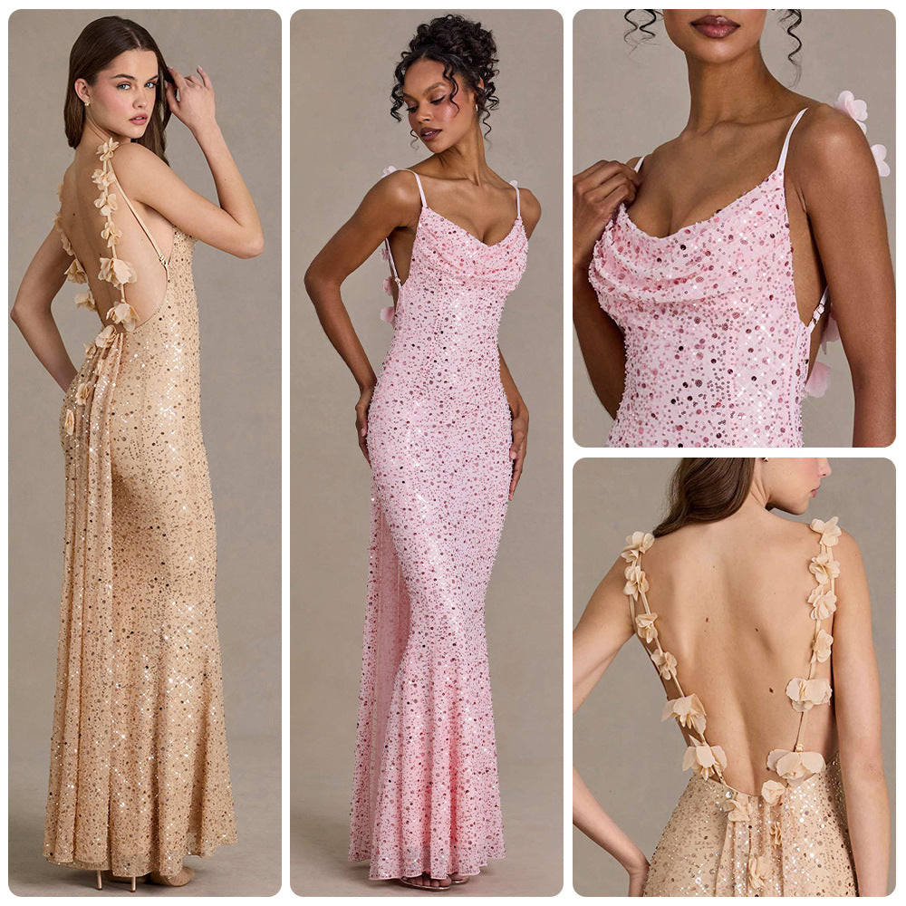 Damen elegantes Pailletten-Maxi-Kleid mit schickem Wasserfallausschnitt und figurbetonter Silhouette R&B