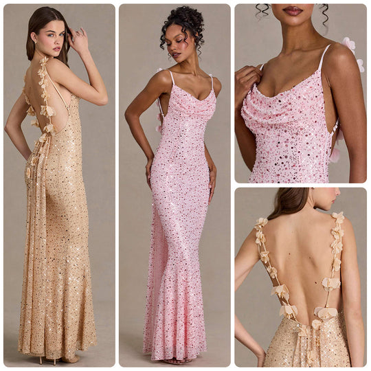 Damen elegantes Pailletten-Maxi-Kleid mit schickem Wasserfallausschnitt und figurbetonter Silhouette R&B