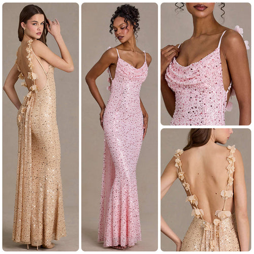 Damen elegantes Pailletten-Maxi-Kleid mit schickem Wasserfallausschnitt und figurbetonter Silhouette R&B