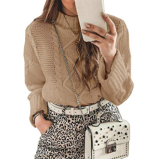 Damen modischer Strickpullover mit eleganten Zopfmustern und leichtem Rollkragen R&B