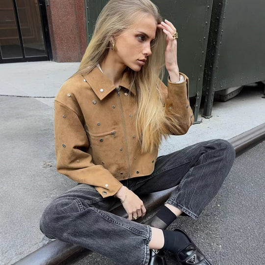 Damen modische kurz geschnittene Jacke mit Nieten R&B