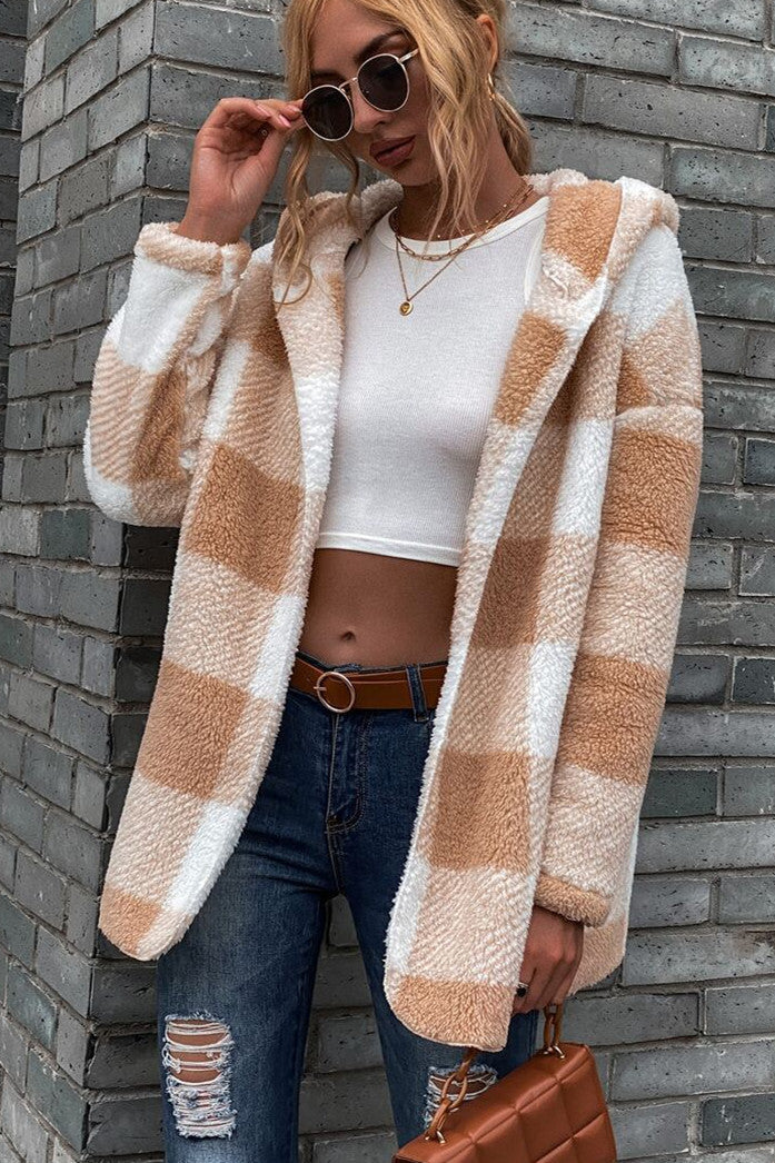 R&B | Lamm Lockerer Kapuzen Plaid Strickjacke Jacke