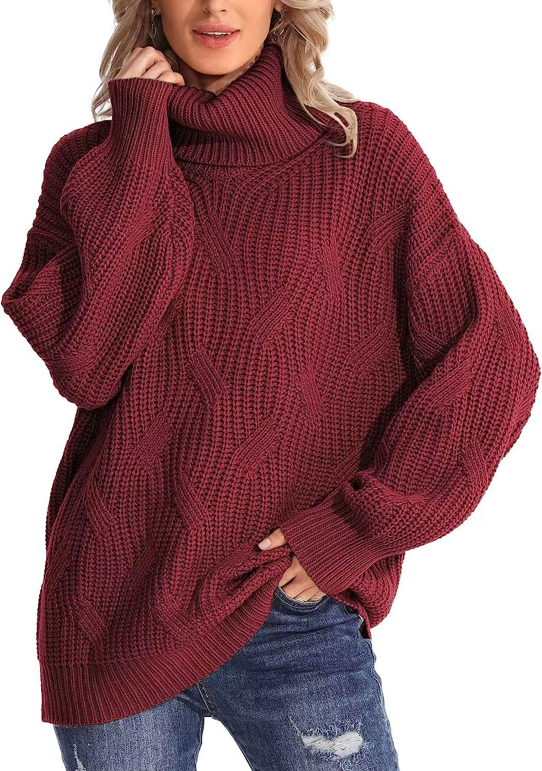Damen Grobstrickpullover mit hohem Kragen und strukturiertem Zopfmuster R&B
