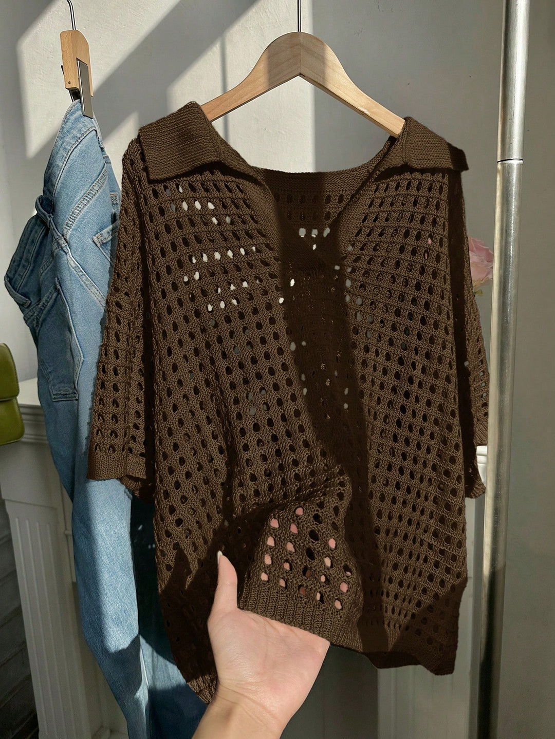 Damen luftiges Strickoberteil mit modernem Netzdesign R&B