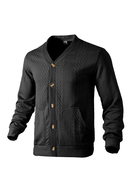 Herren nan eleganter Zopfstrickcardigan mit V-Ausschnitt Knopfleiste und aufgesetzten Taschen R&B