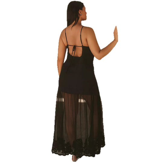 Damen nan zweiteiliges Maxikleid mit V-Ausschnitt, Spaghettiträgern und transparentem Tüllrock R&B