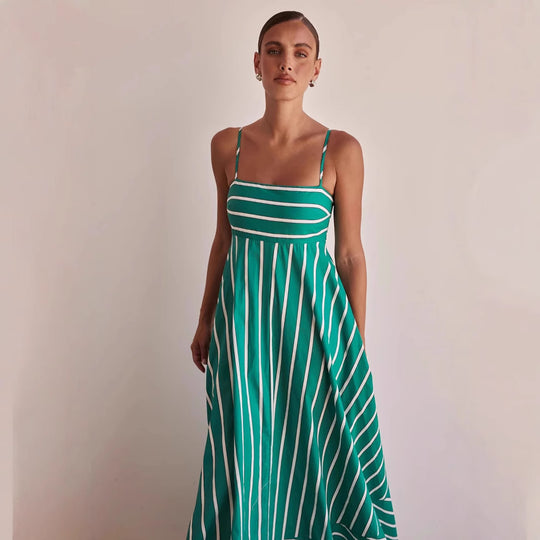 Damen Langarm Maxikleid mit elegantem Streifenmuster und fließendem Schnitt R&B