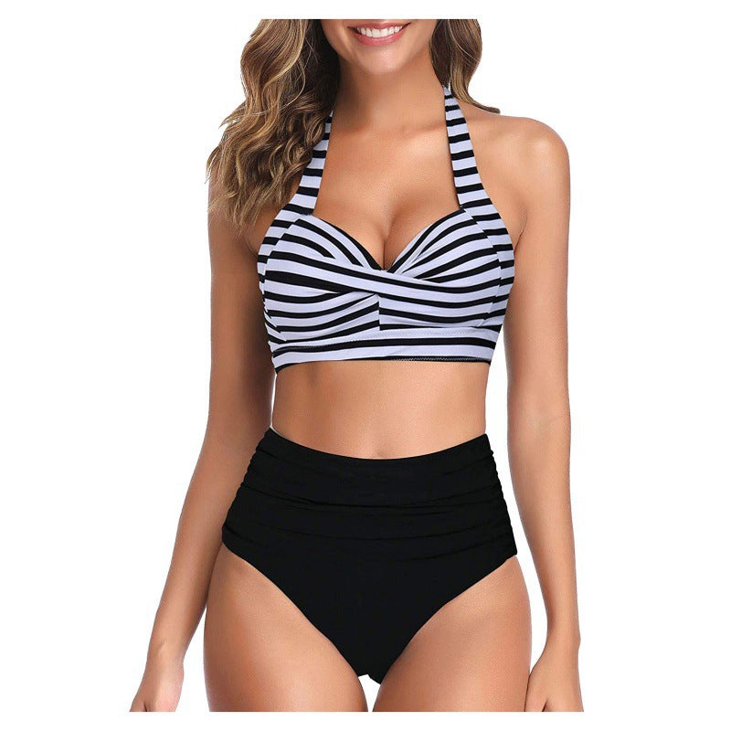 Damen Hochtaillierter Karobikini mit gerafftem Oberteil R&B