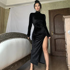 Damen Elegantes Langarm-Wickelkleid aus weichem Veloursstoff mit hohem Schlitz R&B