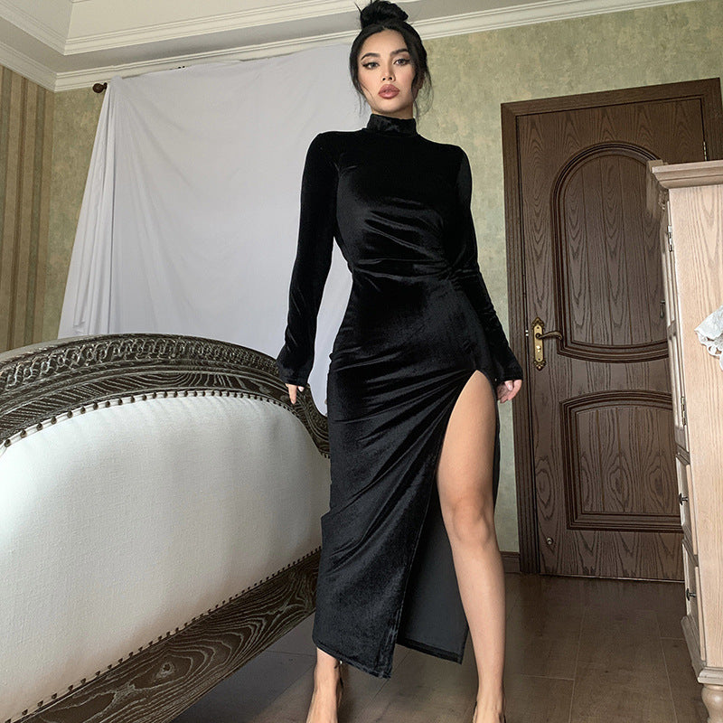 Damen Elegantes Langarm-Wickelkleid aus weichem Veloursstoff mit hohem Schlitz R&B