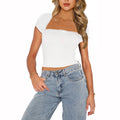 Damen modisches cropped T-Shirt mit quadratischem Ausschnitt und zarten Spitzenakzenten R&B