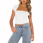 Damen modisches cropped T-Shirt mit quadratischem Ausschnitt und zarten Spitzenakzenten R&B
