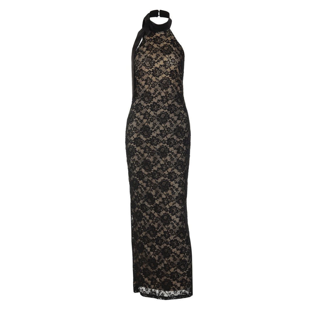 Damen Elegantes Spitzenabendkleid mit schmalem Kragen und transparenten Einsätzen R&B