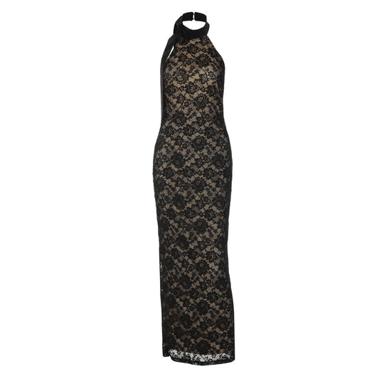 Damen Elegantes Spitzenabendkleid mit schmalem Kragen und transparenten Einsätzen R&B