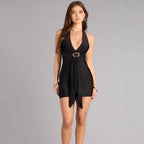 Damen elegantes Mini-Kleid mit Halterneck und dekorativem Gürtel R&B