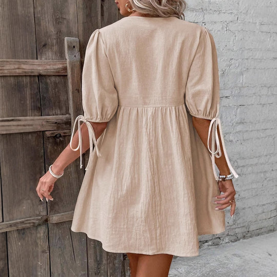 Damen luftiges Sommerkleid mit V-Ausschnitt und Raffungen R&B
