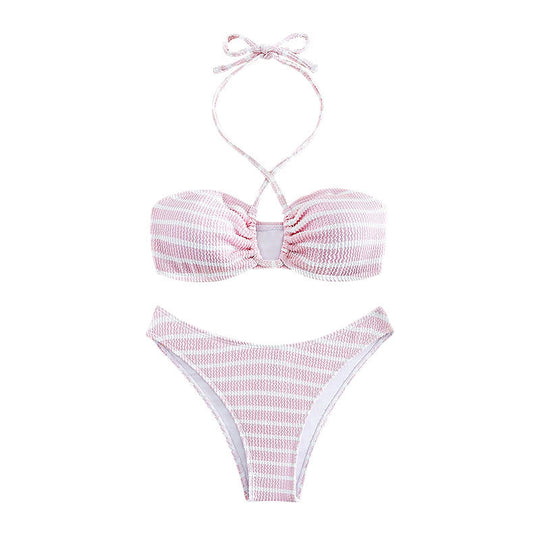 Damen Bandeau-Bikini mit zeitlosem Streifenmuster und eleganter Schnürung R&B
