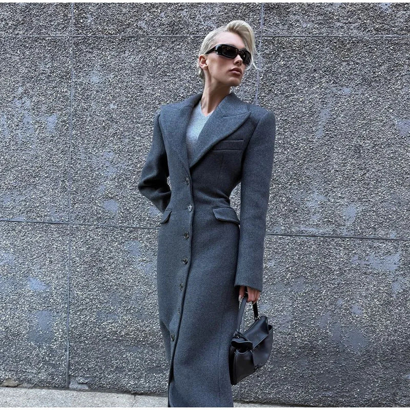 Damen Eleganter Wollmantel mit tailliertem Schnitt und langen Ärmeln R&B