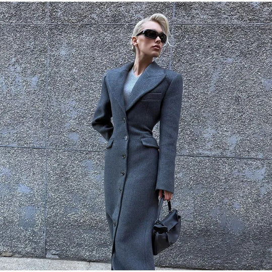 Damen Eleganter Wollmantel mit tailliertem Schnitt und langen Ärmeln R&B