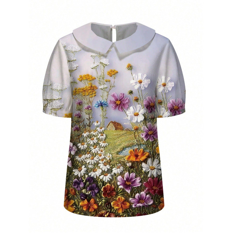 Damen Kurzarmbluse mit floralen Akzenten und klassischem Kragen R&B