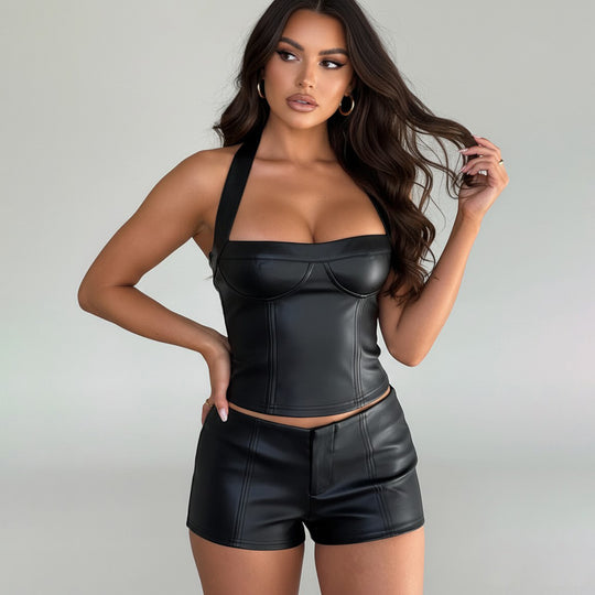 Damen Kunstleder Crop-Top mit romantischem Schnitt und verführerischem Bustier-Wirkung R&B