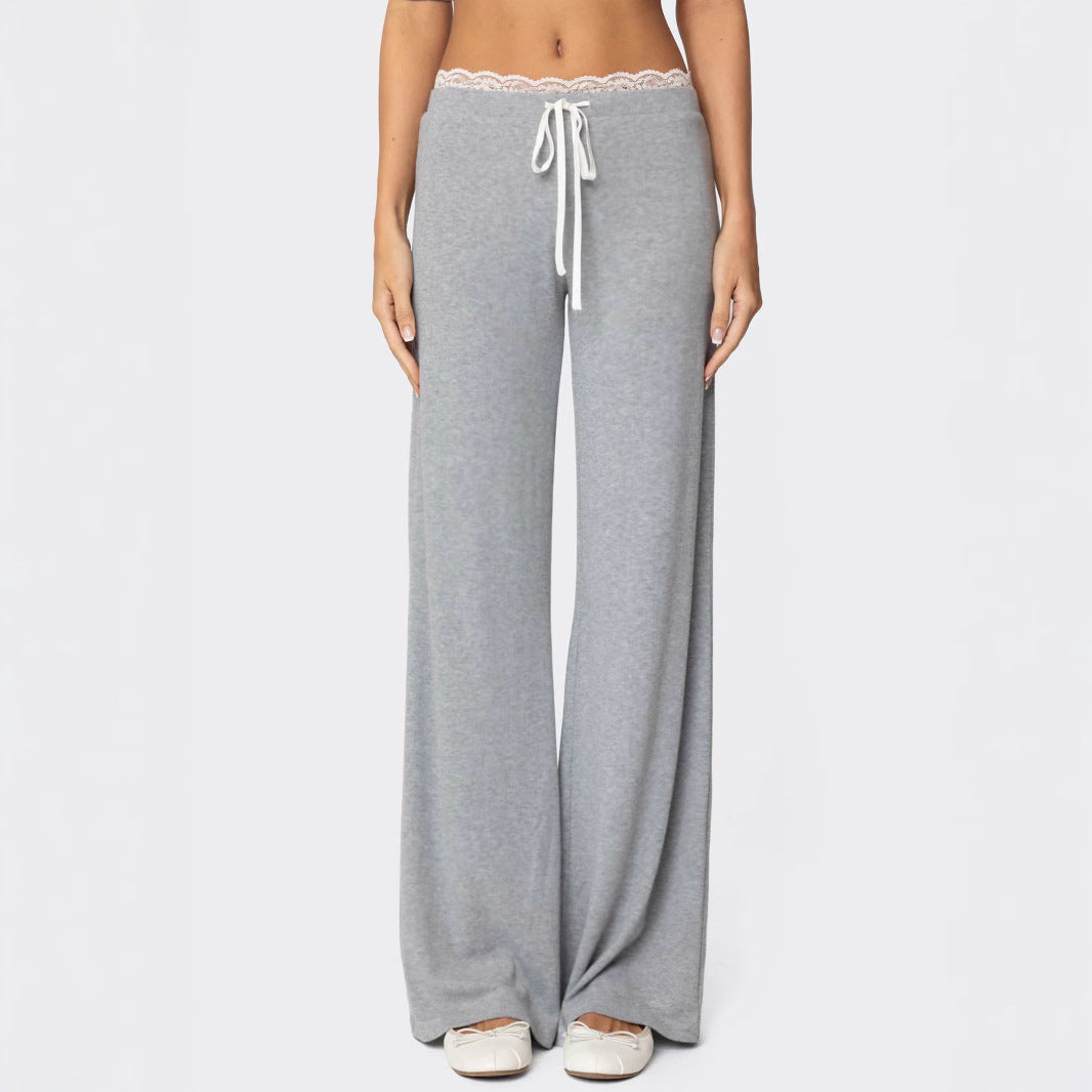 Damen Hellgraue Freizeithose mit elastischem Bund und dekorativem Spitzenabschluss R&B