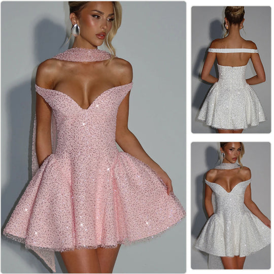 Damen Glamouröses Cocktailkleid mit schulterfreiem Design und funkelndem Paillettenbesatz R&B