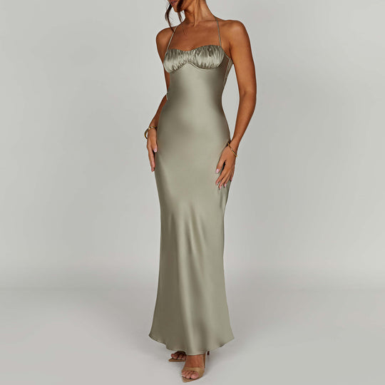 Damen elegantes Satin-Abendkleid mit dünnen Trägern R&B