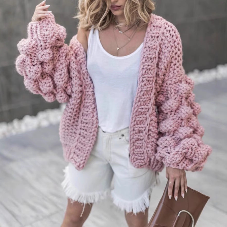 Damen Grob gestrickte Oversized-Jacke mit hohem Kragen und Kapuzendesign R&B