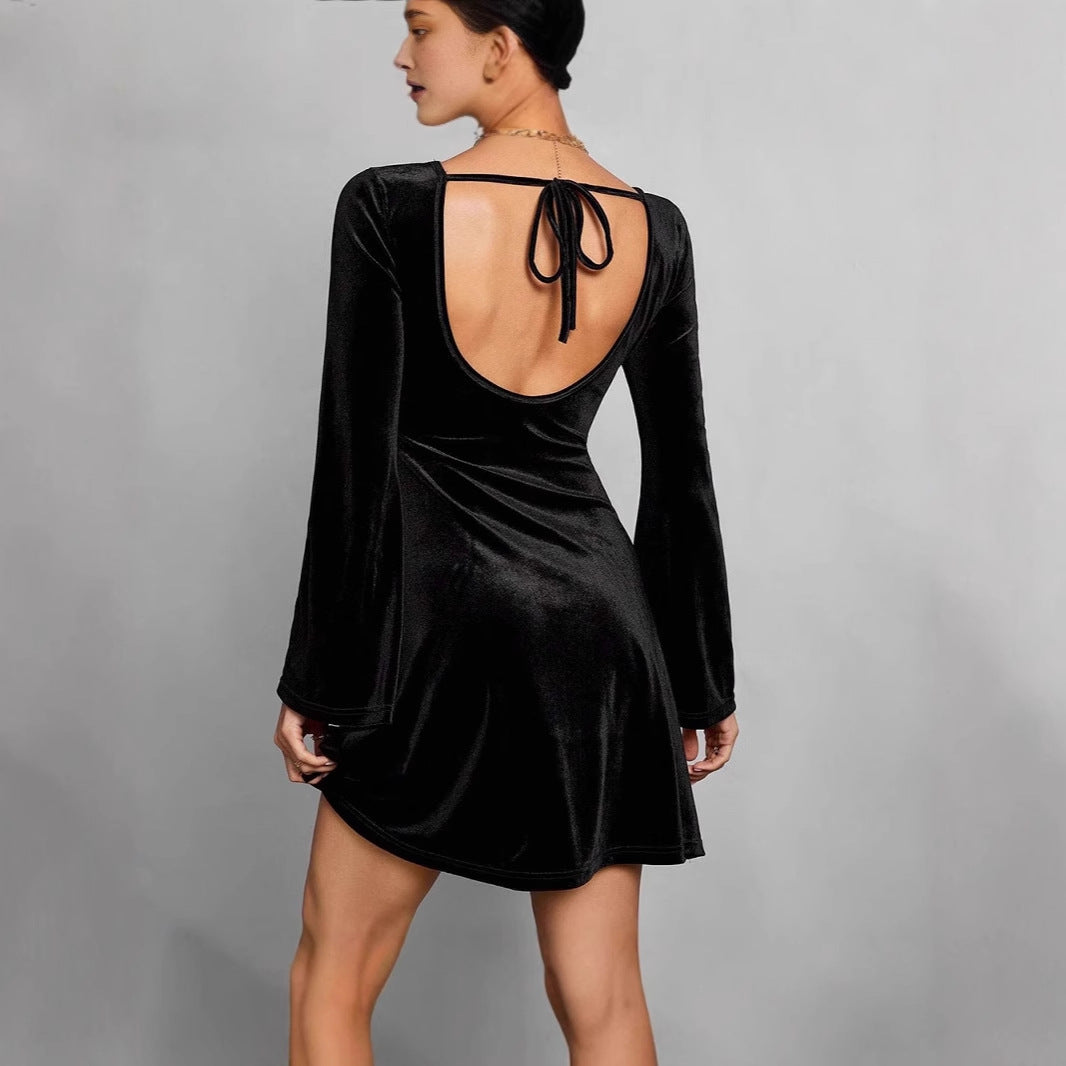 Damen Elegantes und samtiges Midikleid mit langen Ärmeln R&B