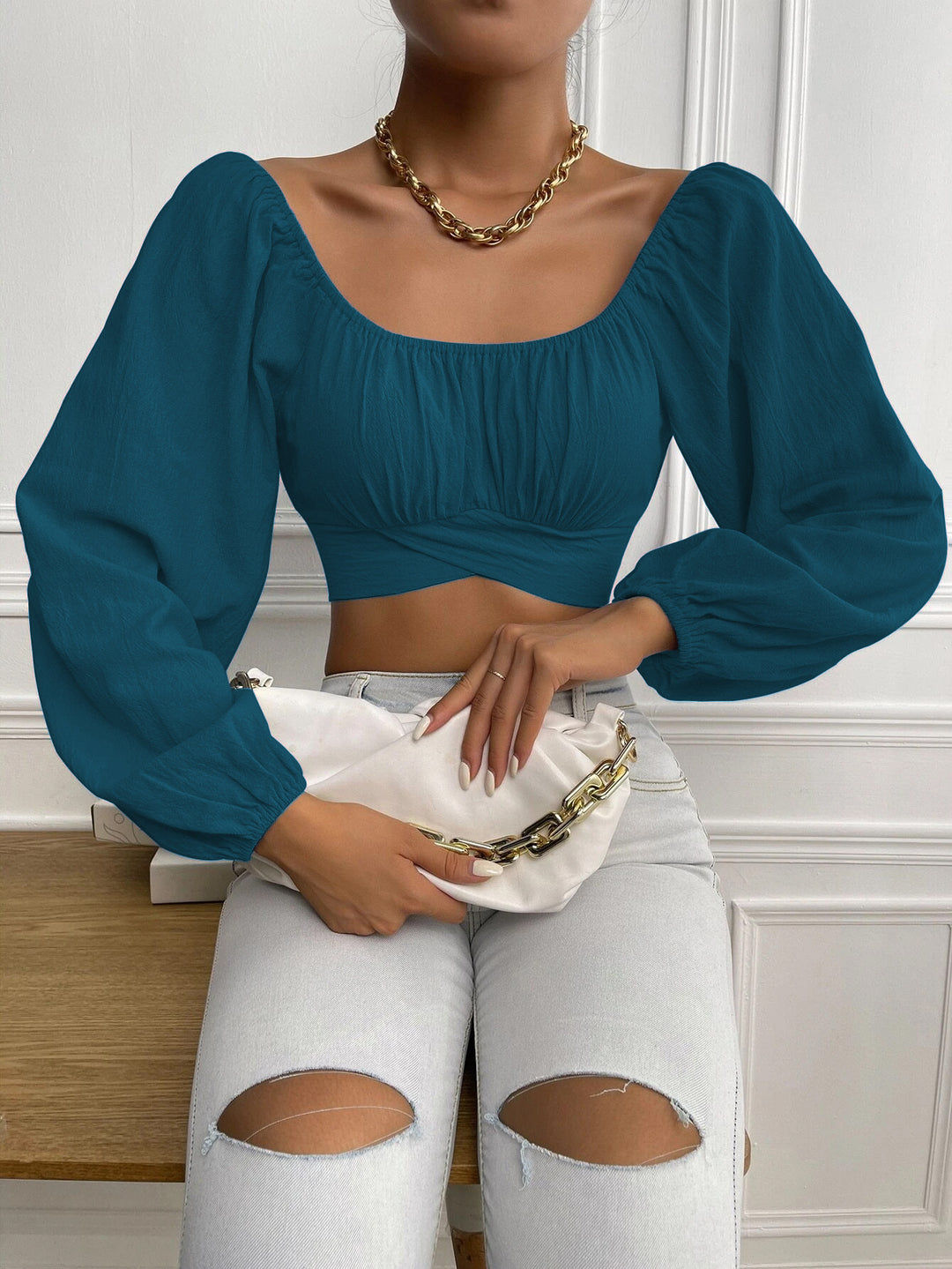 Damen Crop-Top mit Ballettärmeln und gerafftem Design R&B