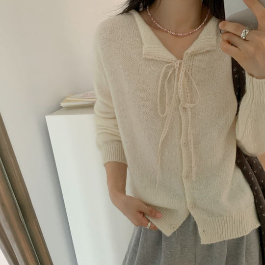 Damen lässiger Strickcardigan mit Kordelzug und feiner Struktur R&B