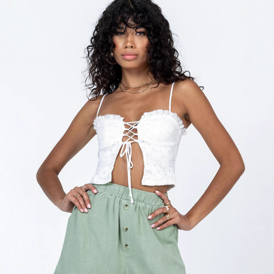 Damen Spitzen-Top mit Schnürung und Rüschendetail R&B
