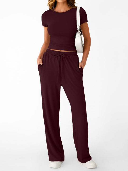 Damen lässiger Freizeitanzug mit kurzen Ärmel und weiten Hosen R&B