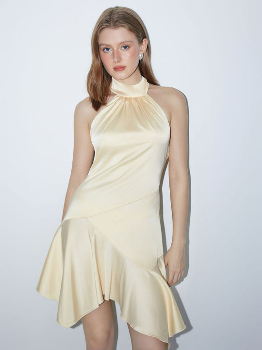 Damen elegantes Abendkleid mit asymmetrischem Schnitt und schimmerndem Material R&B