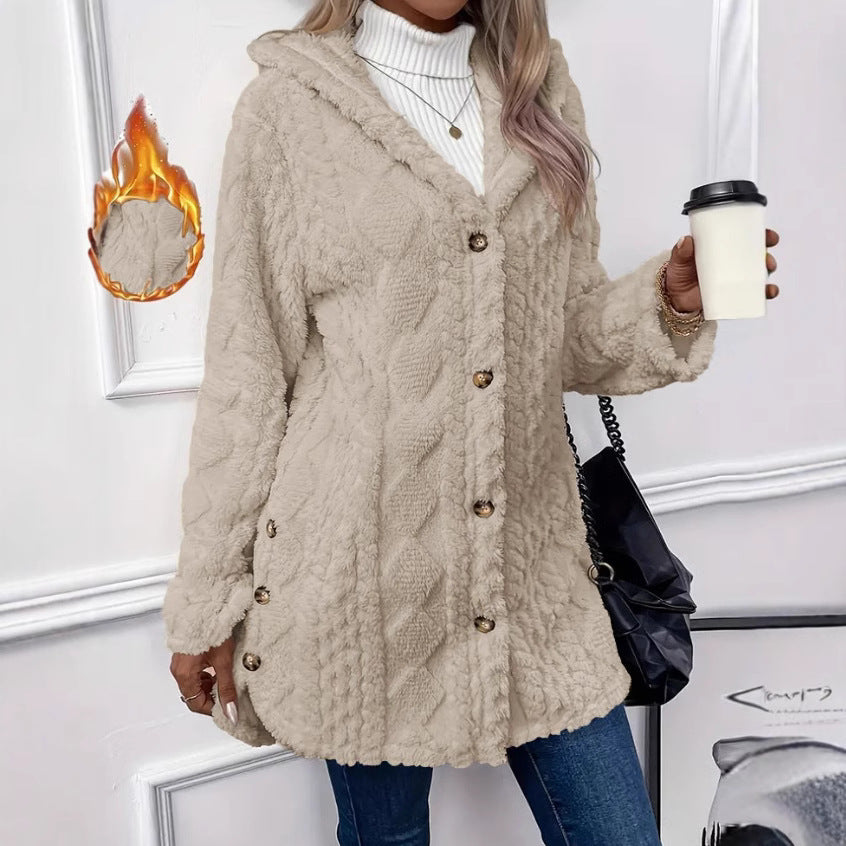 Damen kuscheliger Oversized-Mantel mit Kapuze und Knopfleiste R&B
