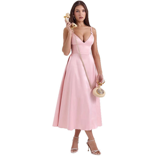 Damen Maxi-Kleid mit elegantem V-Ausschnitt und fließendem Rock R&B