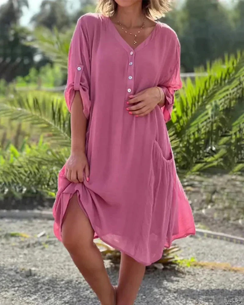 Damen nan luftiges V-Ausschnitt Strandkleid mit Knopfleiste, Krempelärmeln und aufgesetzten Seitentaschen R&B