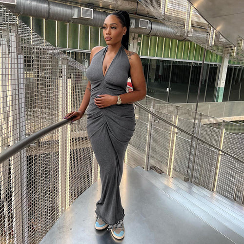 Damen Elegantes Maxikleid mit tiefem V-Ausschnitt und Raffung R&B
